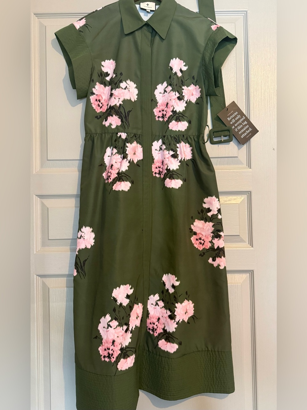 Tuckernuck Chloe Dress Olive and Pressed Powder Belted Midi Short Sleeve M - Picture 6 of 7